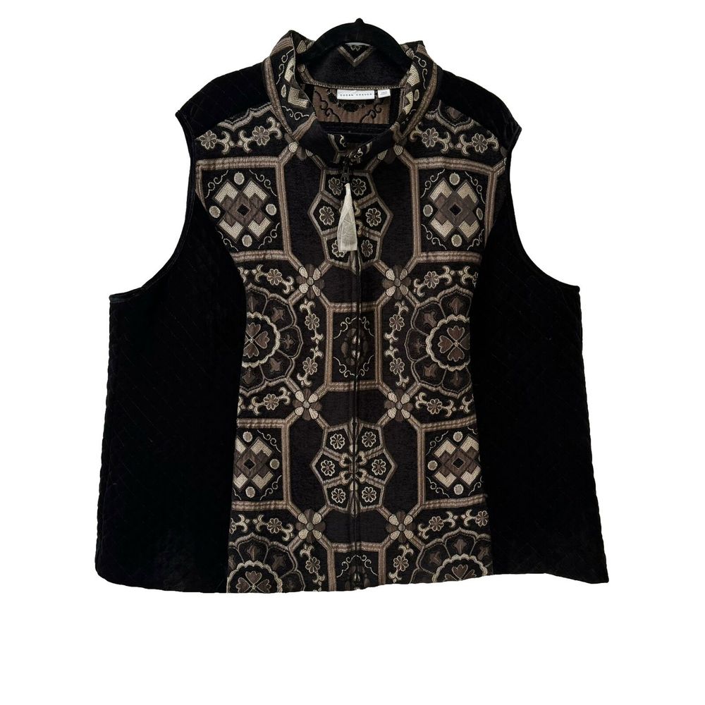 Susan Graver Women’s Size 28 Full Zip Quilted Front Black Velvet Sides Vest NWOT